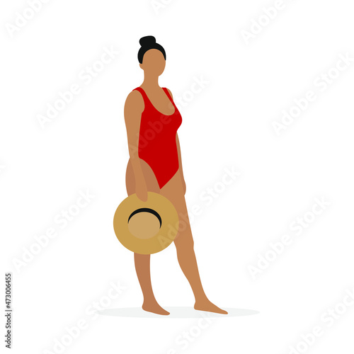 Female character in a red swimsuit and with a hat in hand stands barefoot on a white background