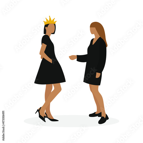Two female characters, one of whom with a crown on her head, stand together on a white background