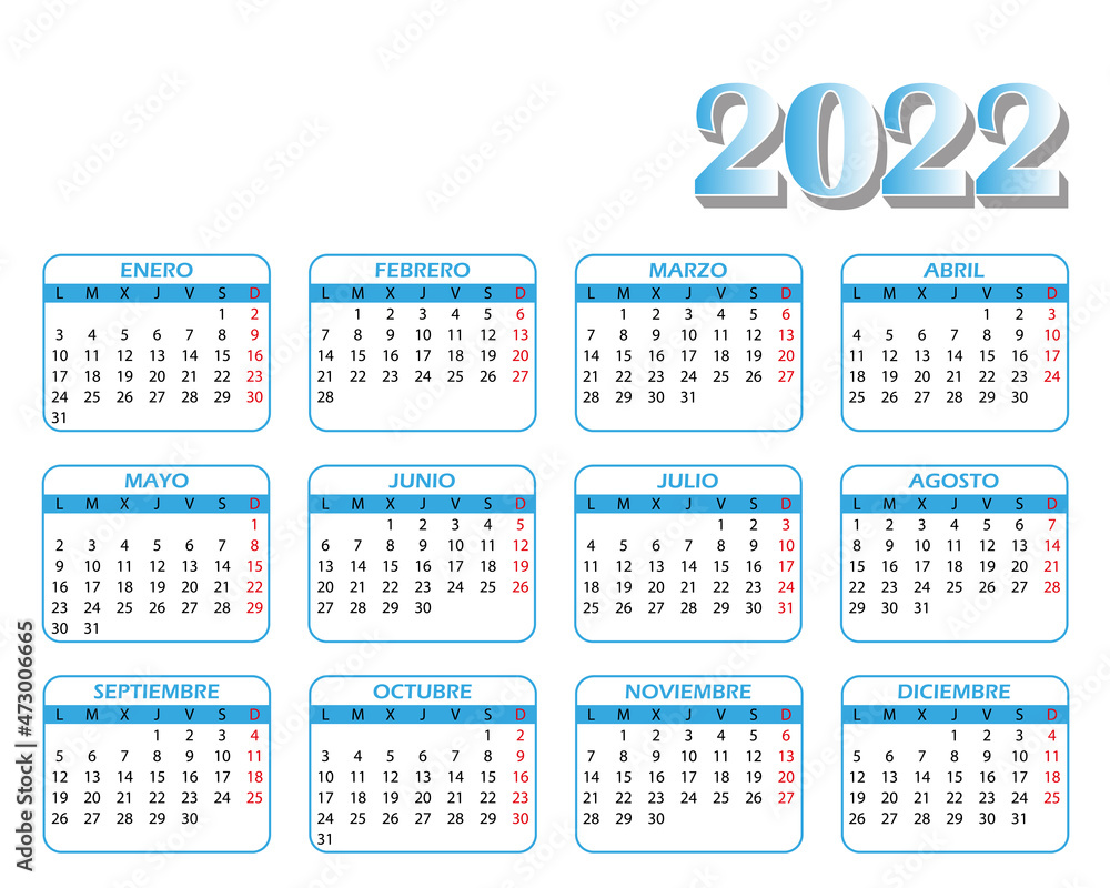 Calendar 2022 template. Blue, white and black colors. Monthly design Vector. Week start on Monday Calendar 2022 template. Blue, white and black colors. Monthly design Vector. Week start on Monday