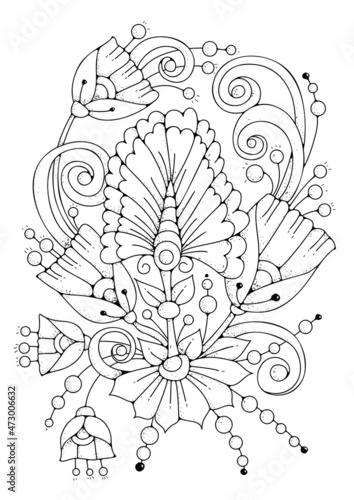 Floral ornament coloring page. Art therapy for children and adults. Black-white flowers background for coloring.