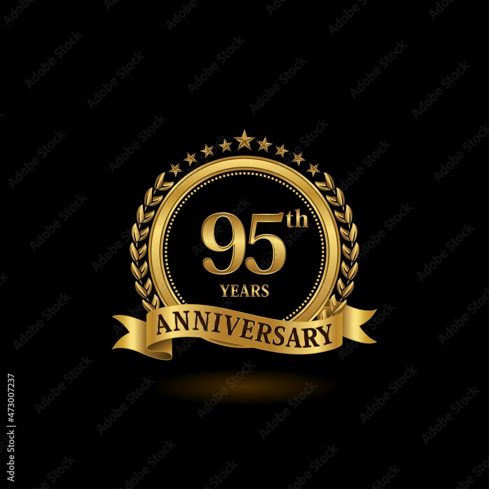 Fototapeta premium 95th golden anniversary logo with ring and ribbon, laurel wreath vector design. EPS 10