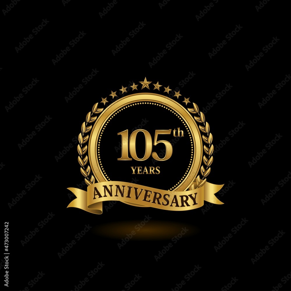 Naklejka premium 105th golden anniversary logo with ring and ribbon, laurel wreath vector design. EPS 10