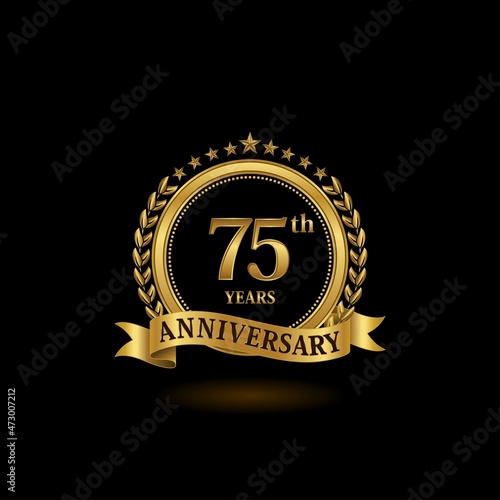 75th golden anniversary logo with ring and ribbon, laurel wreath vector design. EPS 10