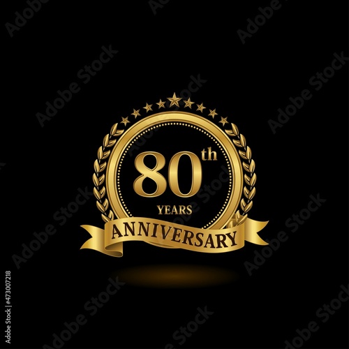 80th golden anniversary logo with ring and ribbon, laurel wreath vector design. EPS 10