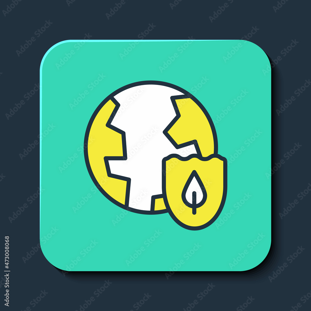 Filled outline Earth with shield icon isolated on blue background. Insurance concept. Security, safety, protection, privacy concept. Turquoise square button. Vector Filled outline Earth with shield icon isolated on blue background. Insurance concept. Security, safety, protection, privacy concept. Turquoise square button. Vector