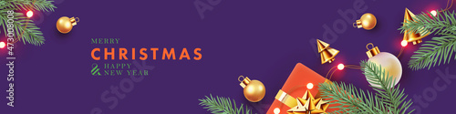 Christmas banner. Xmas background design with realistic gift box, golden conical Christmas trees, balls and spruce branches on violet. Horizontal christmas poster, greeting card, header for website