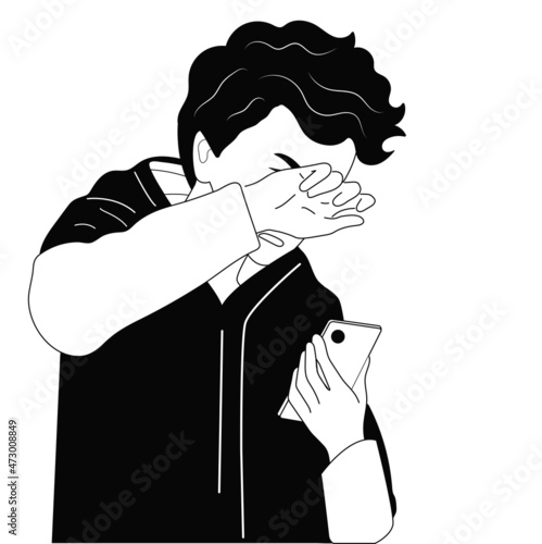 Black and white vector illustration hand drawing line. Sad guy looks at the phone.