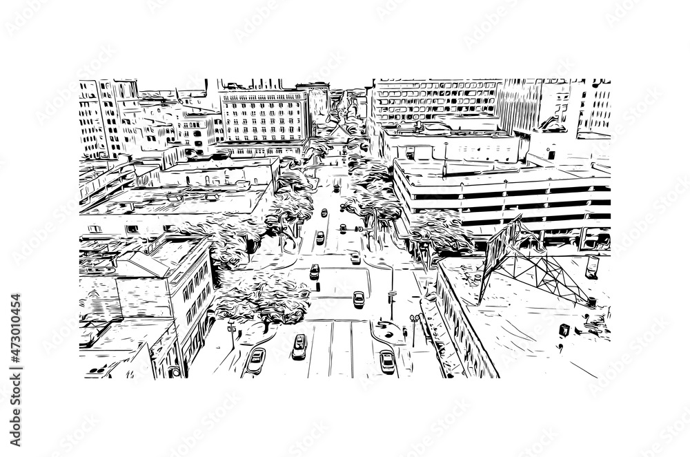 Building view with landmark of Lincoln is the 
city in Nebraska. Hand drawn sketch illustration in vector.