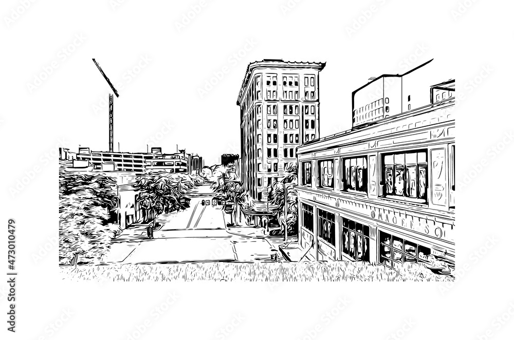 Building view with landmark of Lincoln is the 
city in Nebraska. Hand drawn sketch illustration in vector.