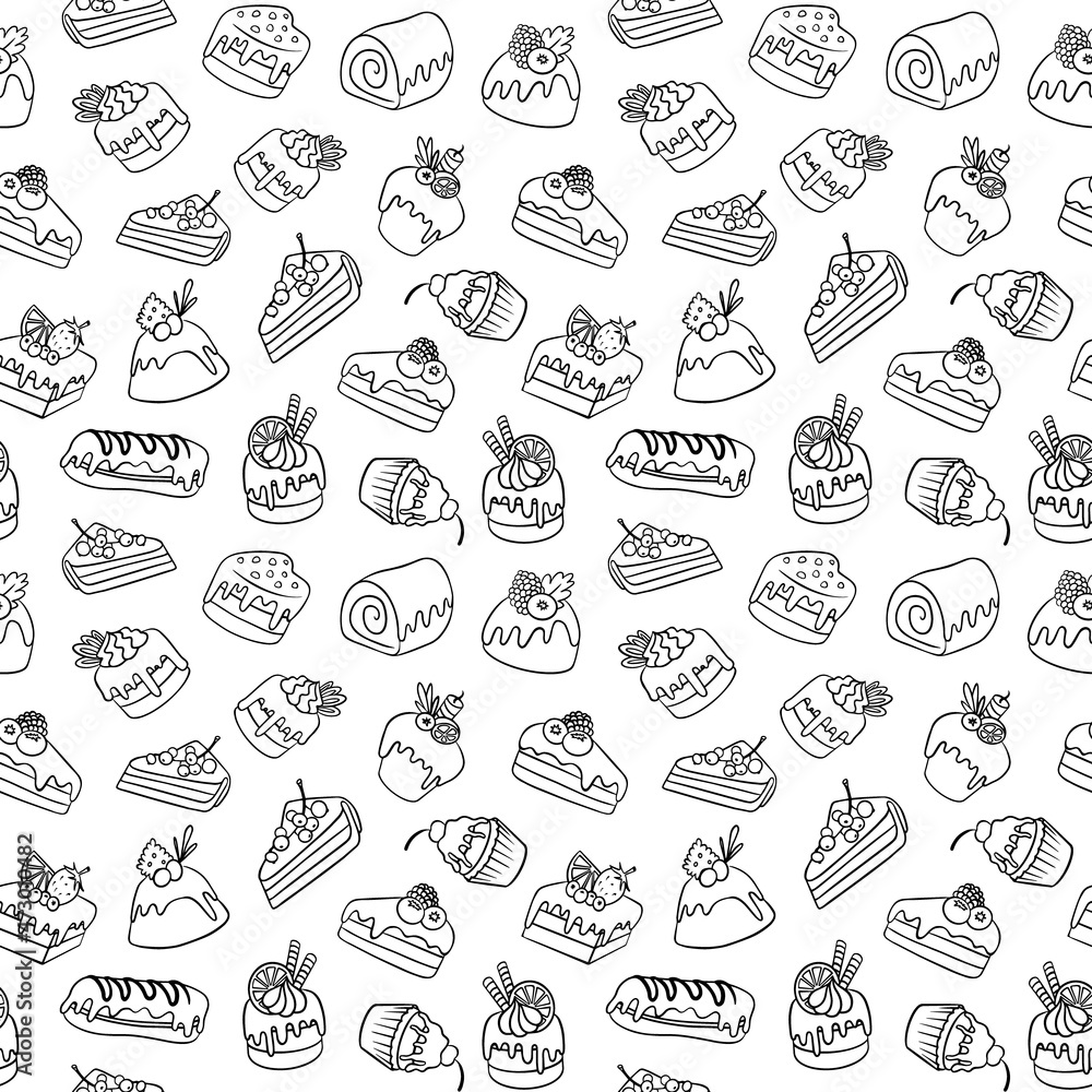 Seamless pattern with hand drawn doodle cakes. Confectionary background. Vector illustration.