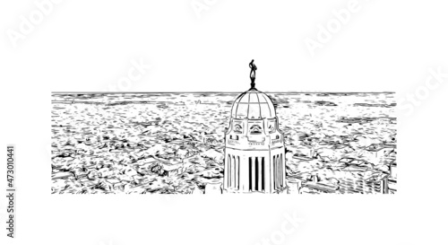 Building view with landmark of Lincoln is the 
city in Nebraska. Hand drawn sketch illustration in vector.