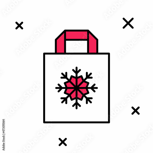Filled outline Christmas paper shopping bag with snowflake icon isolated on white background. Package sign. Merry Christmas and Happy New Year. Vector