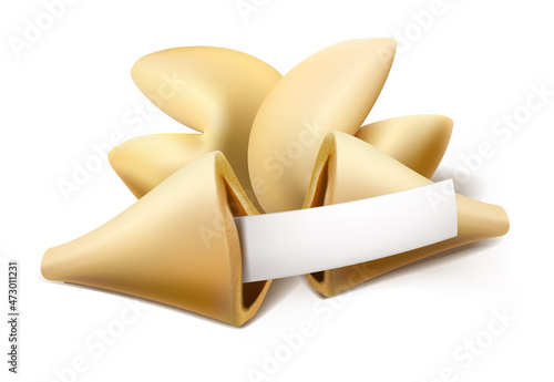 Fortune cookies. Chinese cookie open in half with paper wish. Isolated.