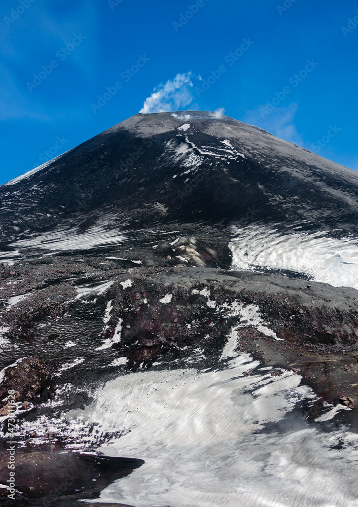 View of the slope of an active volcano on the Kamchatka peninsula.
