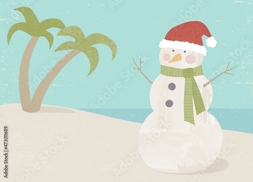 Textured vintage snowman made of sand on the beach, in a cut paper style
