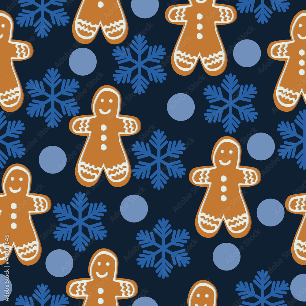 Gingerbread man seamless pattern, Christmas gingerbread and snowflakes on dark blue background Gingerbread man seamless pattern, Christmas gingerbread and snowflakes on dark blue background