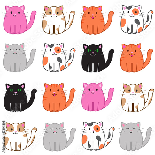 Seamless pattern with funny cartoon cats. Cute illustration in cartoon flat style. Print for textile, wrapping paper, kids clothes, nursery, design and decor. 