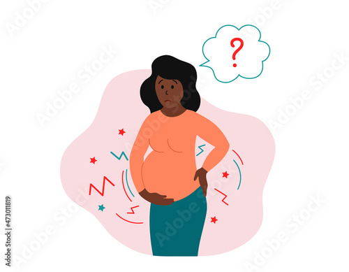 Childbirth contractions. Pregnant frightened african american woman suffering from labor pains. Real or false contractions. Travail pangs. Vector illustration