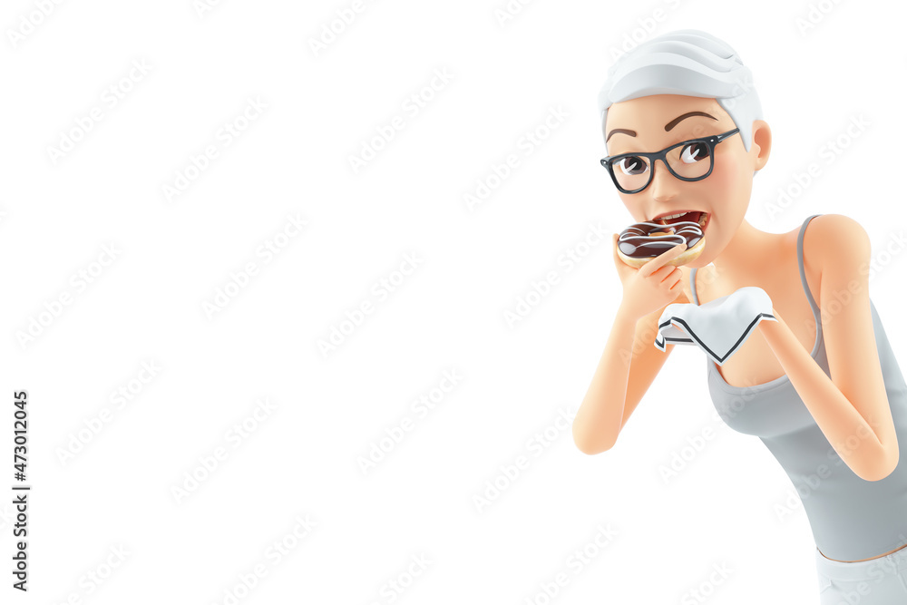 3d portrait senior woman eating donut 3d portrait senior woman eating donut