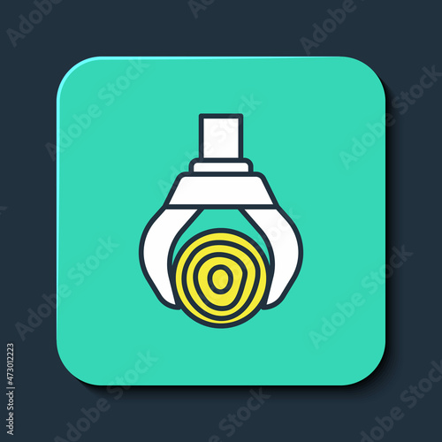 Filled outline Grapple crane grabbed a log icon isolated on blue background. Forest industry. Industrial crane for lumber trunk wood production. Turquoise square button. Vector