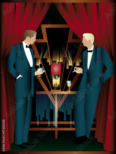 The party at the bar in the style of the early 20th century. Art Deco style.