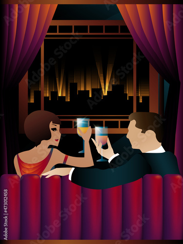 Vintage art deco illustration of couple with glasses. Retro party. 1920s style.