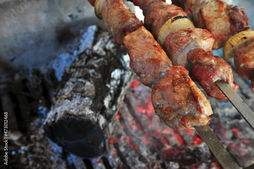 Barbecue on a fire with charcoal close up. Tasty grilled meat