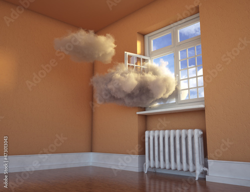 Cloud inside a room gets out through window.