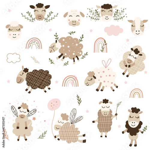 Baby Sheep and Rainbows Clipart. Vector illustration.