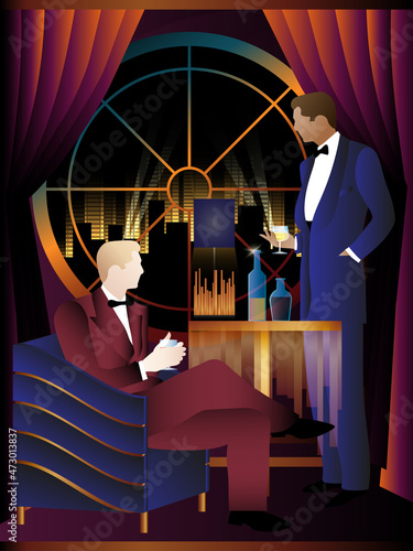 The party at the bar in the style of the early 20th century. Art Deco style.