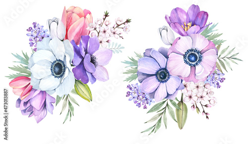 Spring bouquet on a white background. Anemones  tulips  lilacs  leaves. Watercolor illustration.