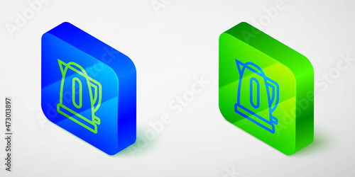 Isometric line Electric kettle icon isolated on grey background. Teapot icon. Blue and green square button. Vector