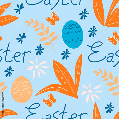Seamless pattern with flowers  Easter eggs and the inscription Easter.