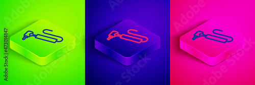 Isometric line Tooth drill icon isolated on green, blue and pink background. Dental handpiece for drilling and grinding tools. Square button. Vector