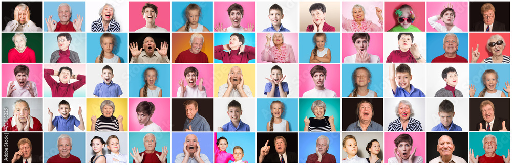 Diverse people with different faces. Collage of many people expressing surprise and happy