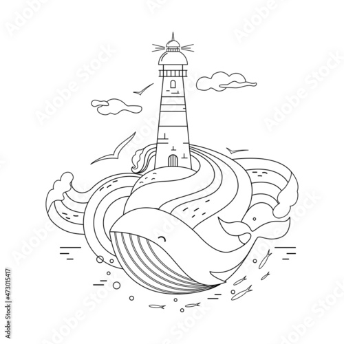  A lighthouse and a whale . Contour picture for coloring.