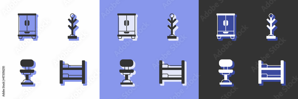 Set Bunk bed, Wardrobe, Office chair and Coat stand icon. Vector Set Bunk bed, Wardrobe, Office chair and Coat stand icon. Vector