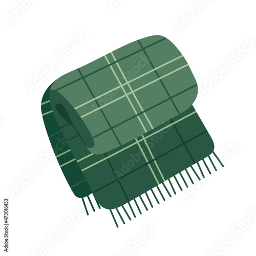 Checkered plaid with fringe. Warm cozy woolen tartan blanket. Home decor in Hygge style. Isolated vector illustration in flat cartoon style.