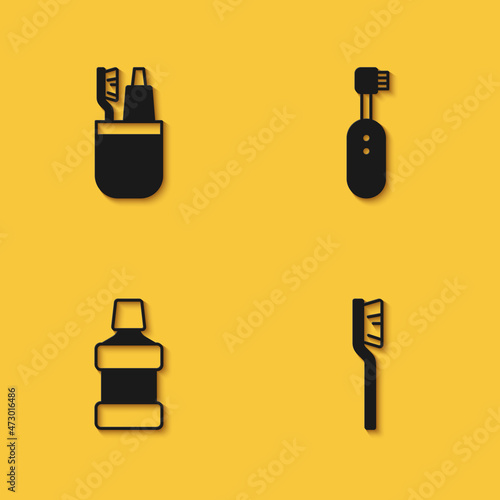 Set Toothbrush and toothpaste, Mouthwash and Electric toothbrush icon with long shadow. Vector