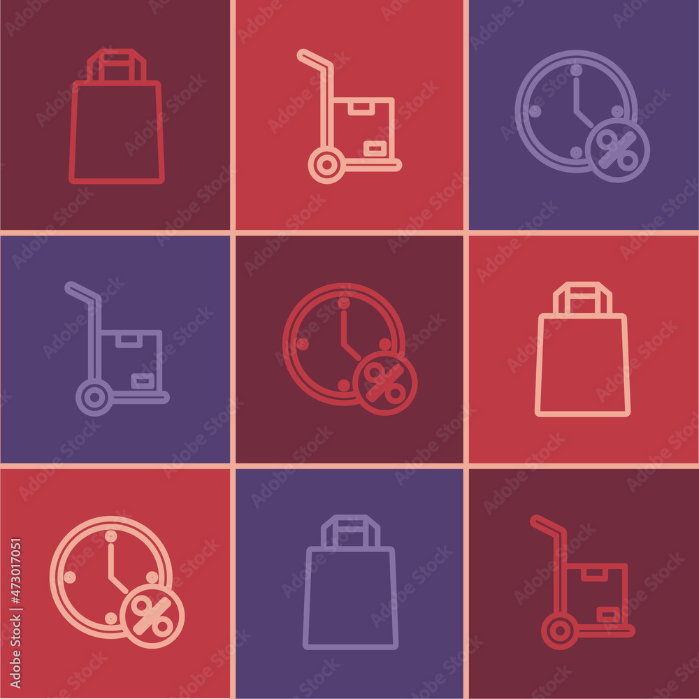 Set line Paper shopping bag, Clock and percent discount and Hand truck boxes icon. Vector Set line Paper shopping bag, Clock and percent discount and Hand truck boxes icon. Vector