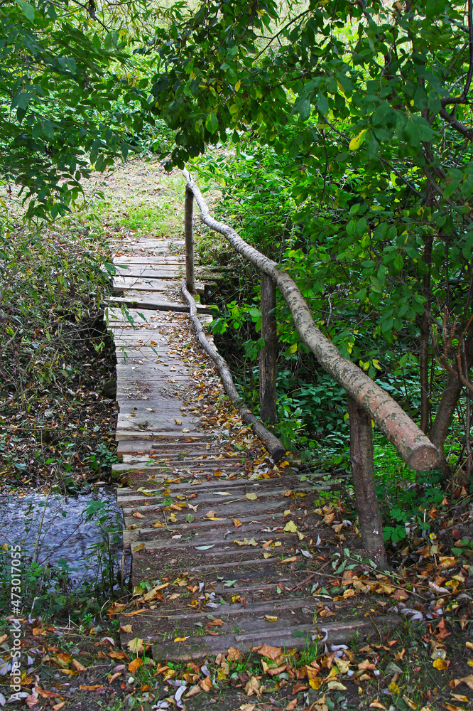 Obraz premium Old wooden footbridge across the stream
