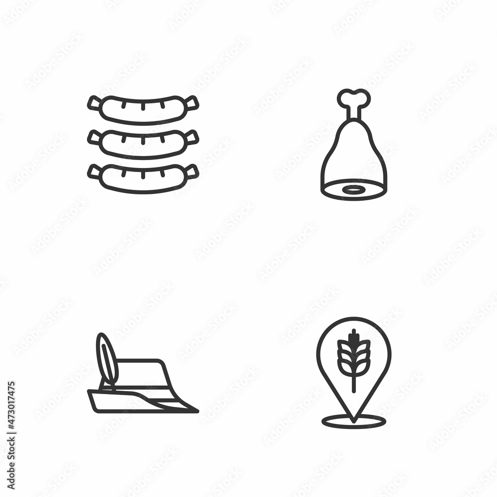 Obraz premium Set line Wheat, Oktoberfest hat, Sausage and Chicken leg icon. Vector