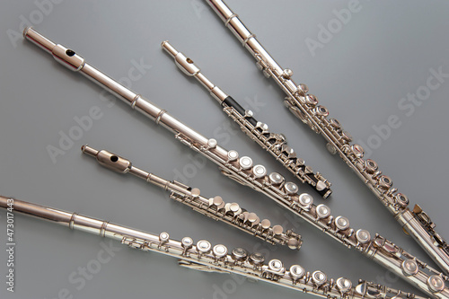 Large and small flutes are spread out on a gray surface 