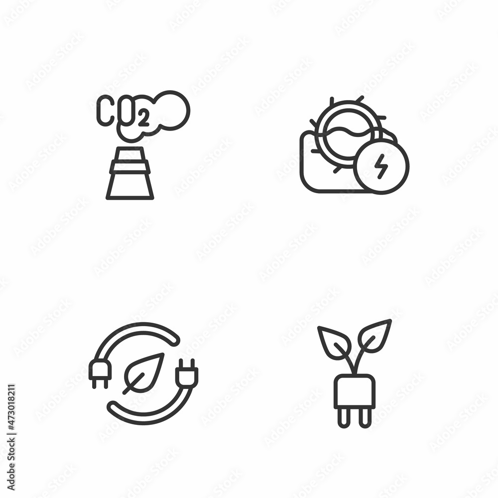 Set line Electric saving plug in leaf, CO2 emissions cloud and Water mill icon. Vector Set line Electric saving plug in leaf, CO2 emissions cloud and Water mill icon. Vector