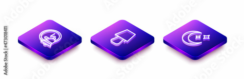 Set Isometric line Alarm clock, Table lamp and Moon and stars icon. Vector