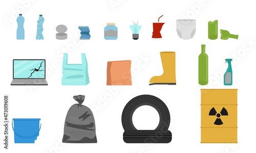 Garbage. A set of different waste. Environmental pollution. Flat. Vector illustration.