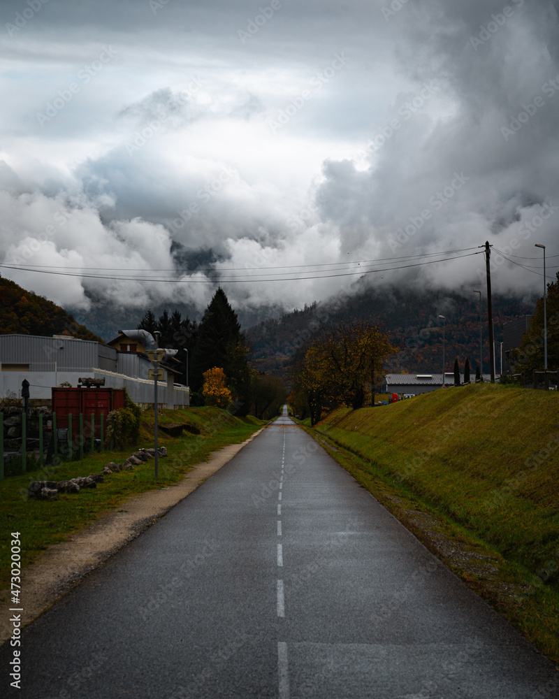 A road going to a stormy background and surrounded by fall colors A road going to a stormy background and surrounded by fall colors