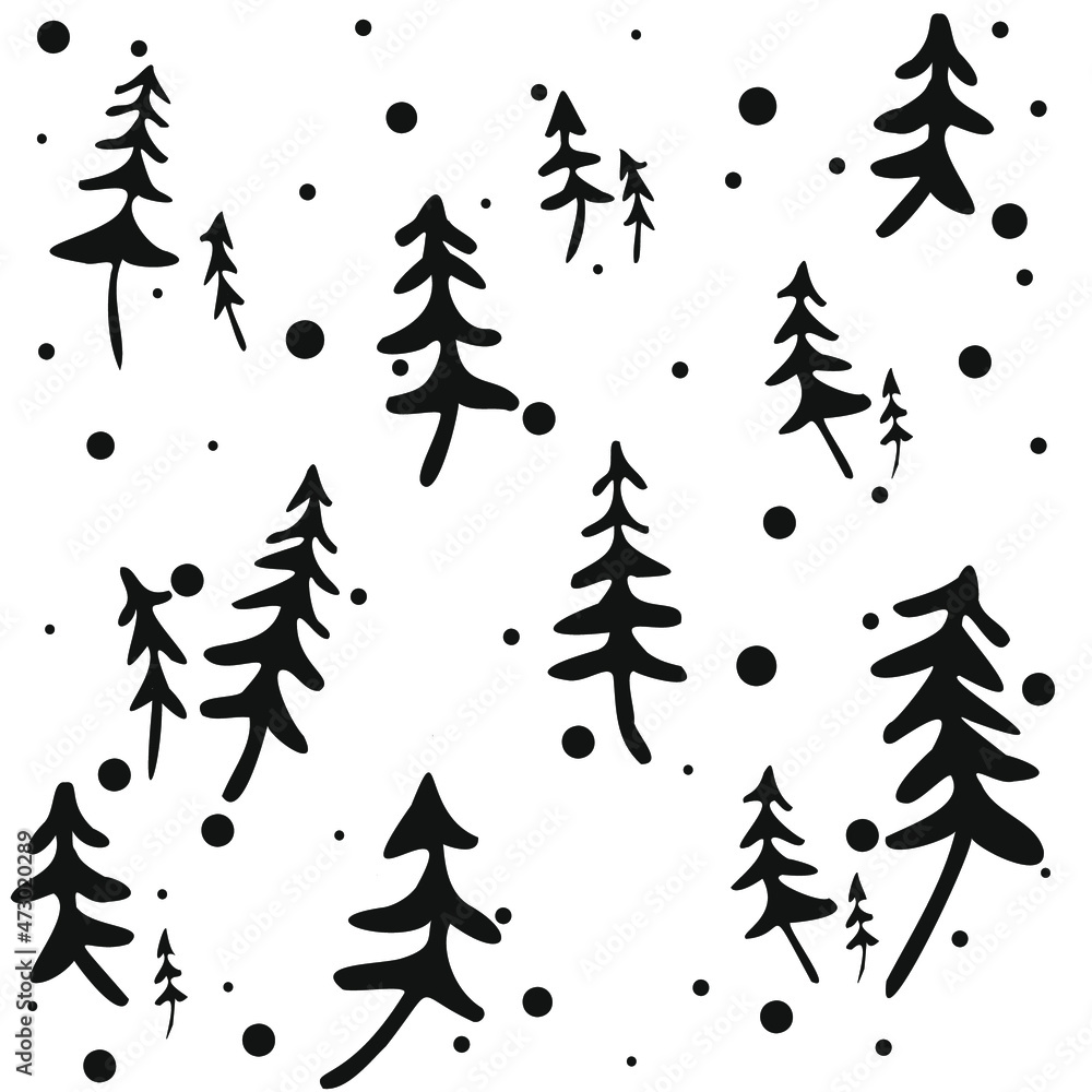Obraz premium Seamless pattern of Christmas snow and christmas trees. Vector Doodle illustration spruce and snowflakes in different shapes and forms. Seamless pattern for winter and christmas theme.