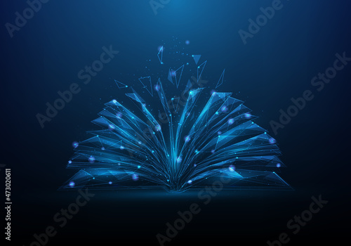 Open book and e-learning low poly wireframe. Digital online education. isolated on blue dark background. vector illustration futuristic style. study and education concept.