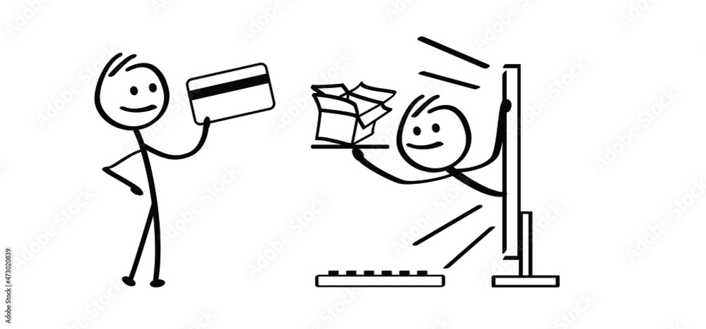 Online shopping. Home delivery service concept. Cartoon stickman, order or shop online. Stick figure, person market place. Drawing computer symbol. Buyer, internet concept, Store, E-commerce icon Online shopping. Home delivery service concept. Cartoon stickman, order or shop online. Stick figure, person market place. Drawing computer symbol. Buyer, internet concept, Store, E-commerce icon